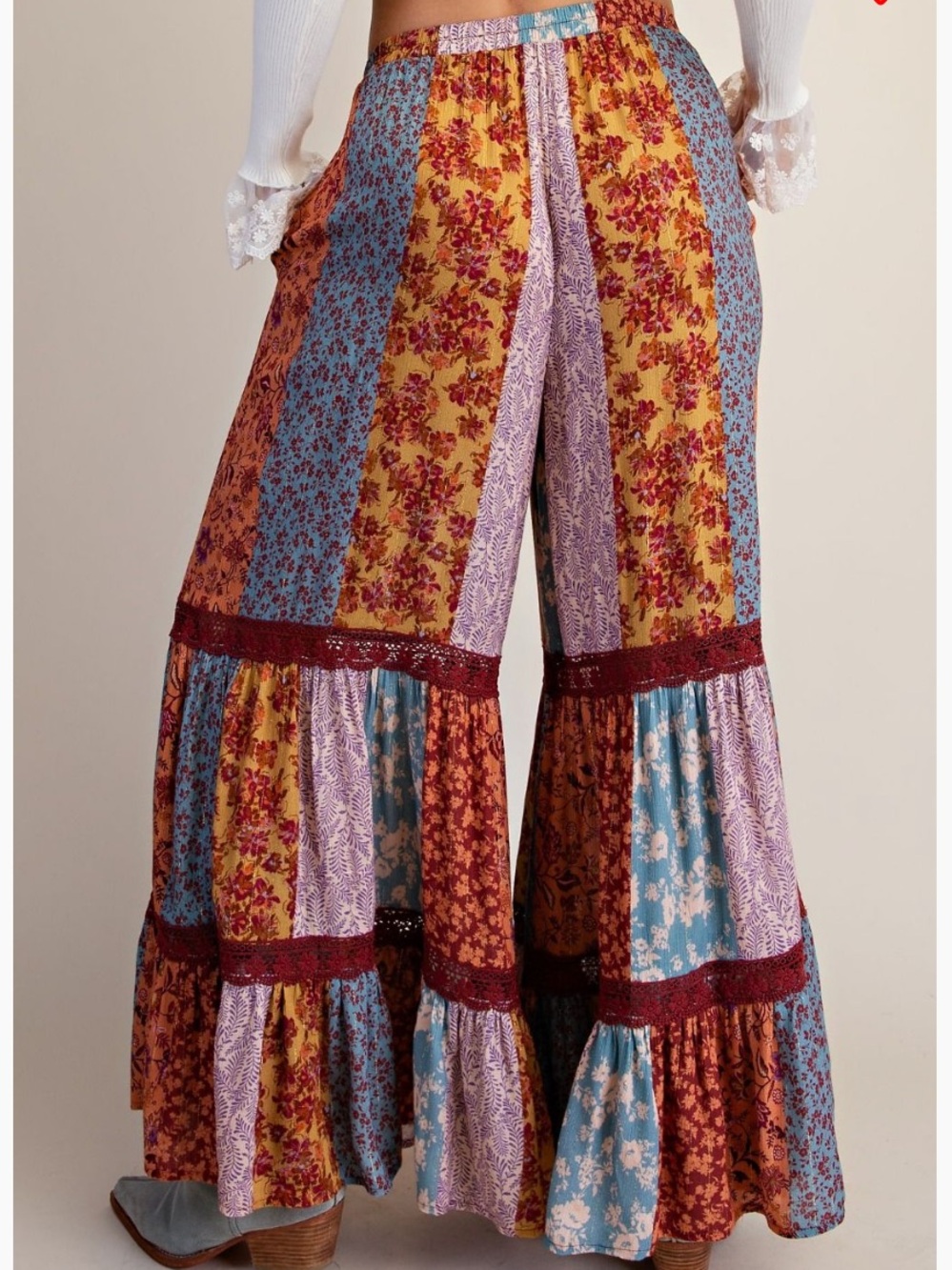 P117 Easel Rust Patchwork Print Crochet Trim Ruffle Wide Leg Boho Palazzo - Picture 2 of 4